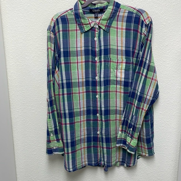 Chaps Women’s 2X Gauze Cotton Blue Lime Pink Button Up Plaid Shirt - Picture 1 of 7